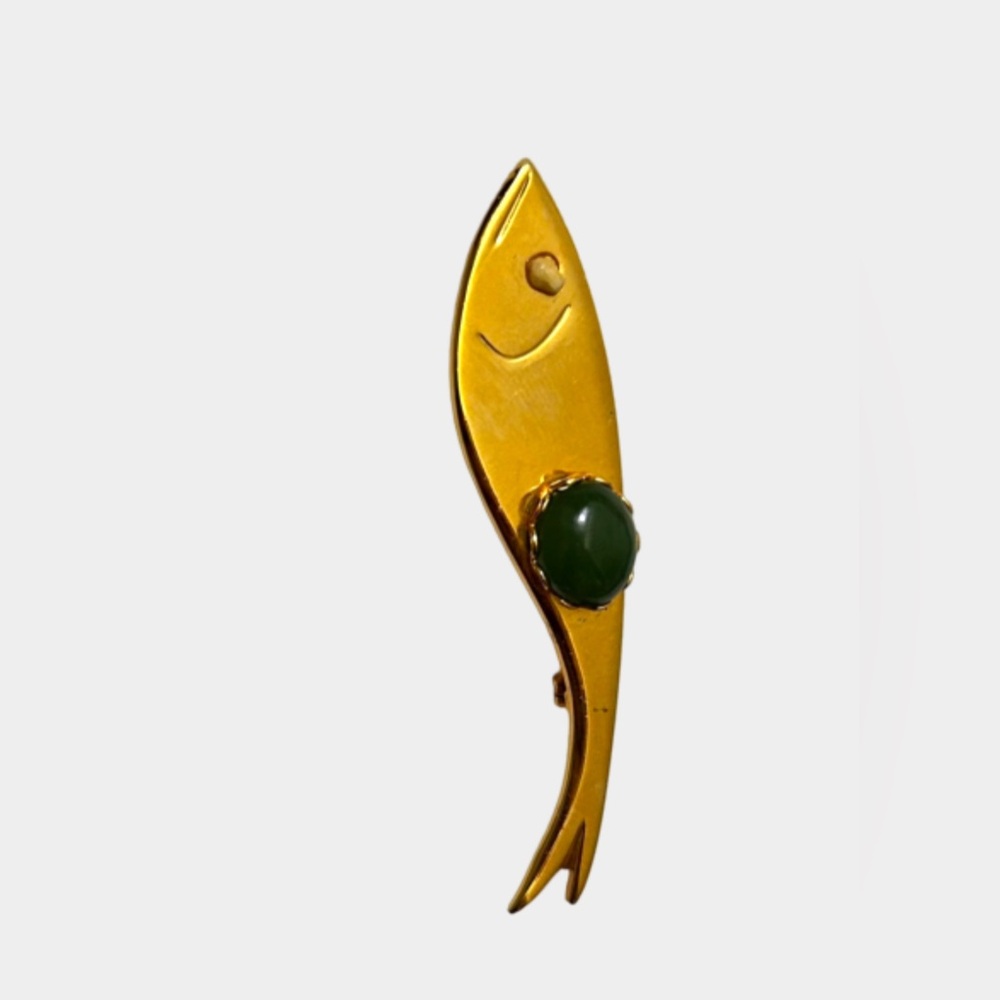 Vintage Gold Tone Fish Shape Brooch with Green Accent